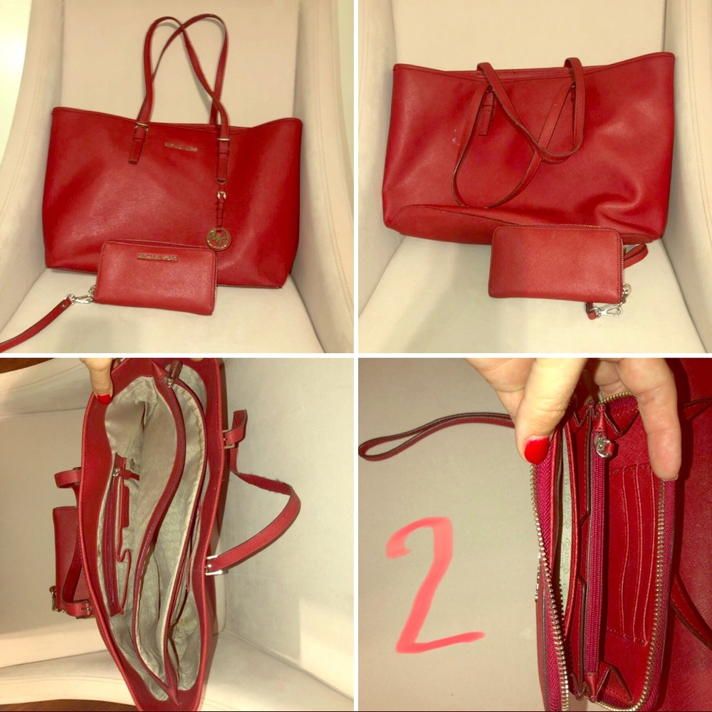 Michael Kors red Jet SetTote and matching wallet